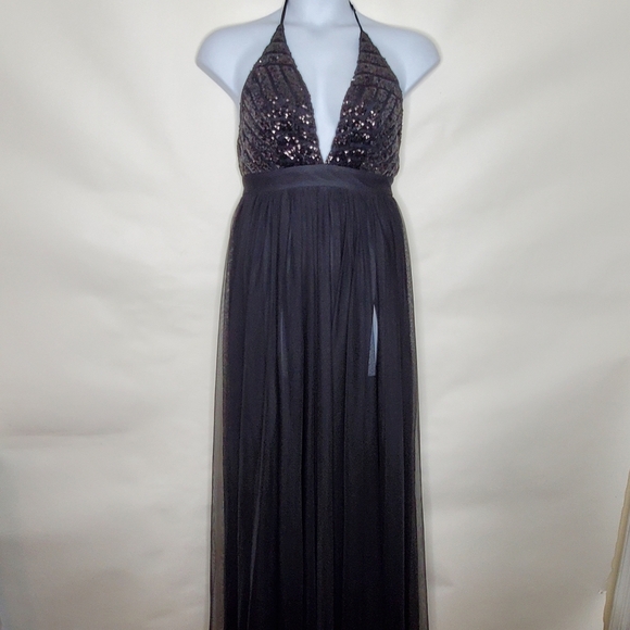 Rubber Ducky Sequin Halter Neck Maxi Dress Size M Front Slits Black Gown Mesh - Picture 13 of 14